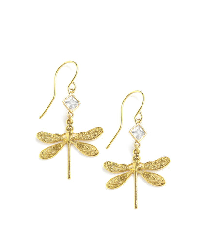 18K gold plated dragonfly and diamond-cut crystal earrings.