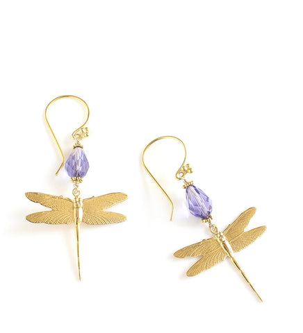 18K gold plated dragonfly earrings with Tanzanite Swarovski crystal drops.