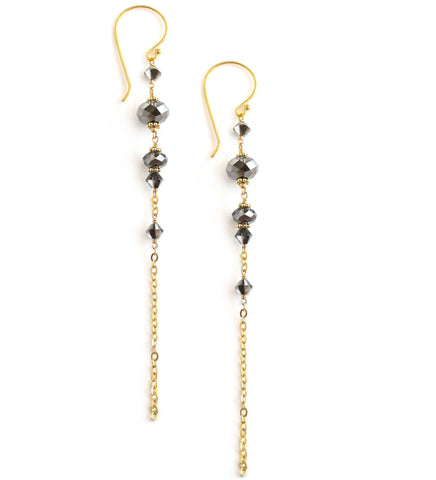 Long-length 18K gold plated earrings with "Black Silver Night" Swarovski crystals.
