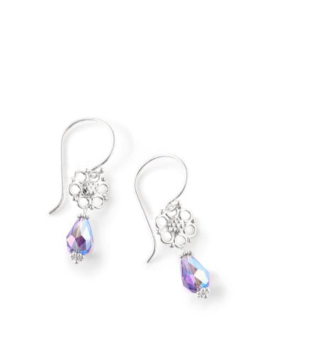 Rhodium plated flower earrings with Tanzanite AB Swarovki crystal drops