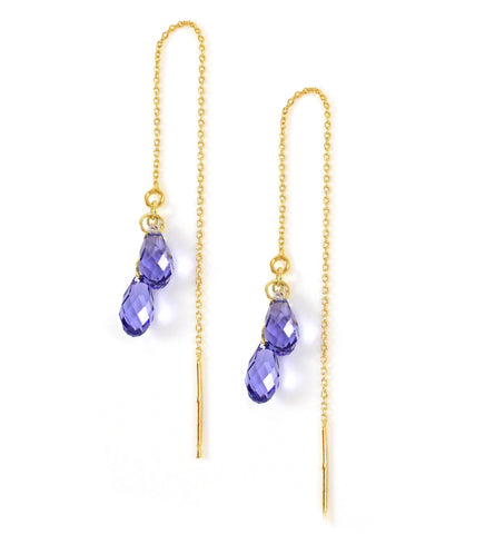 18K gold plated threader chain earrings handmade with sparkling Tanzanite Swarovski crystal drops.