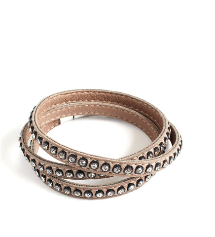Beige triple wrap leather bracelet with Swarovski crystals and magnetic lock