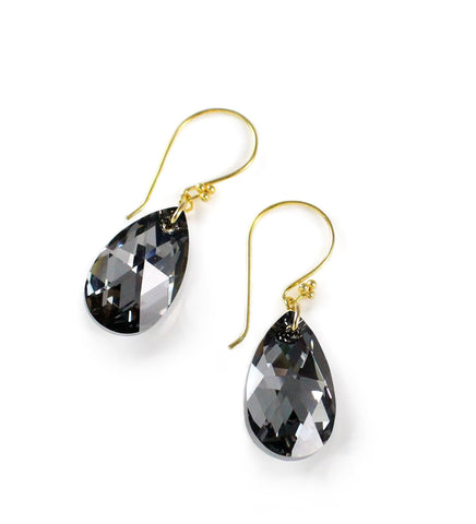18K gold plated earrings with "Black Silver Night" Swarovski crystal teardrops.