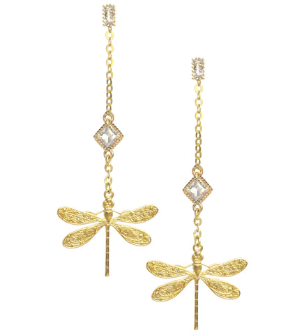 18K gold plated dragonfly and diamond-cut crystal stud earrings.