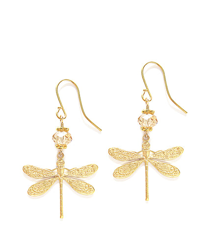 18K gold plated dragonfly earrings with Golden Shadow Swarovski crystals