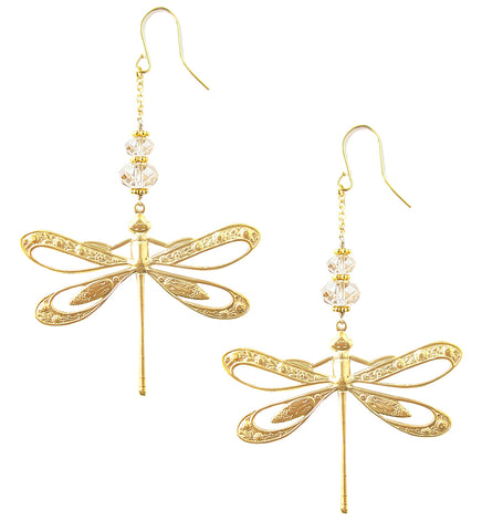 18K gold plated statement dragonfly earrings decorated with Golden Shadow Swarovski crystals.