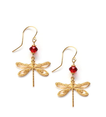 18K gold plated dragonfly earrings decorated with sparkling "Scarlet Red" Swarovski crystals.