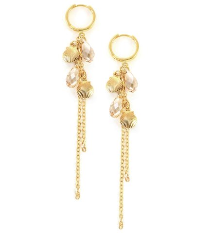 18K gold plated hoop earrings handmade with Golden Shadow Swarovski crystal drops and seashells.