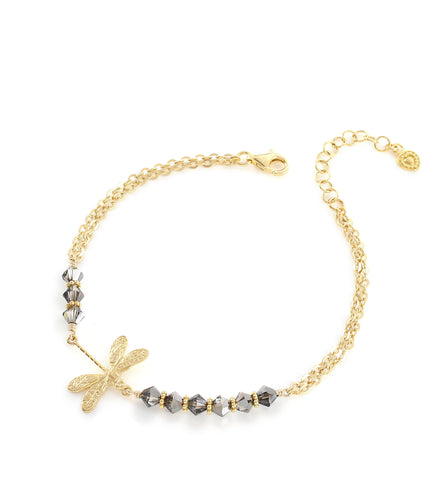 18K gold plated dragonfly bracelet decorated with Black Silver Night Swarovski crystals.