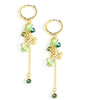 18K gold plated hoop earrings with Peridot green Austrian butterflies, Emerald charms and clovers.
