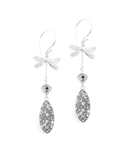 Rhodium plated dragonfly earrings adorned with grey Swarovski® crystal pavé drops.