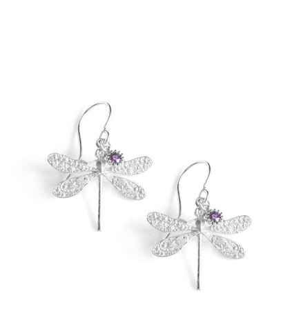 Rhodium plated dragonfly earrings handmade with Tanzanite Austrian crystal charms.