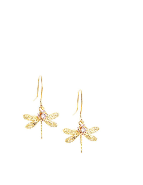 Gold dragonfly earrings with Austrian crystal balls