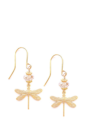 Gold dragonfly earrings with golden shadow Austrian crystals