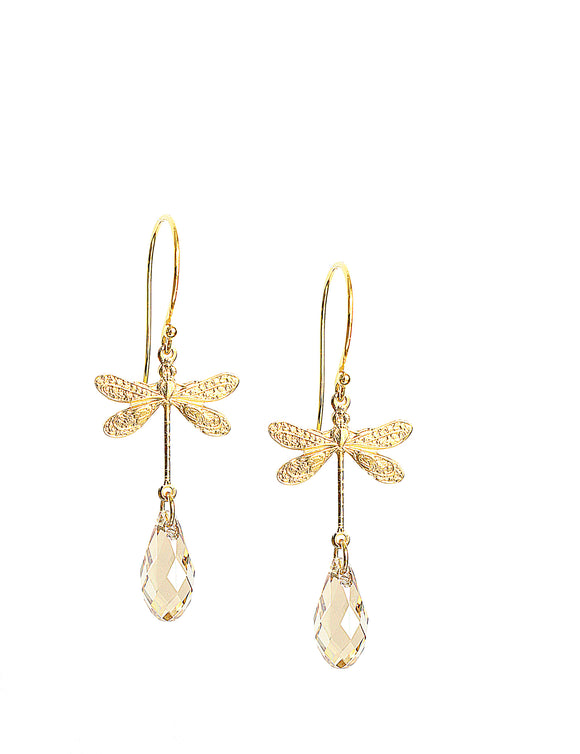 Gold dragonfly earrings with Golden Shadow Austrian crystals