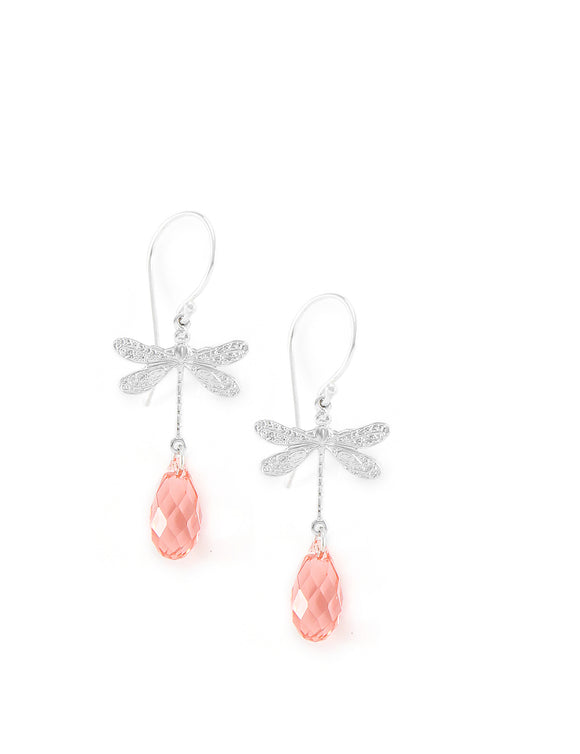 Silver dragonfly earrings with Rose Peach Austrian crystal drops