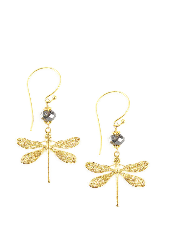 Gold dragonfly earrings with Black Diamond Austrian crystals