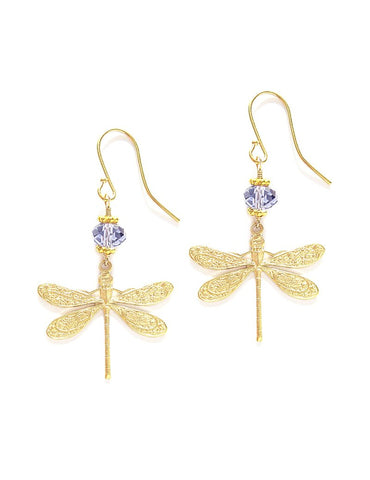 Gold dragonfly earrings with Tanzanite Austrian crystals
