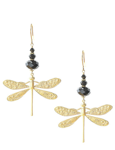 Gold dragonfly earrings with black Austrian crystals