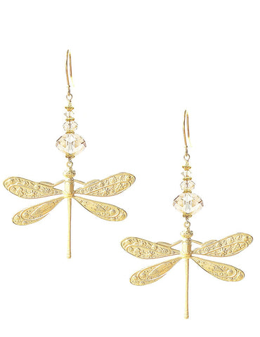 Gold dragonfly earrings with Golden Shadow Austrian crystals