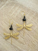 Gold dragonfly earrings with black Austrian crystals