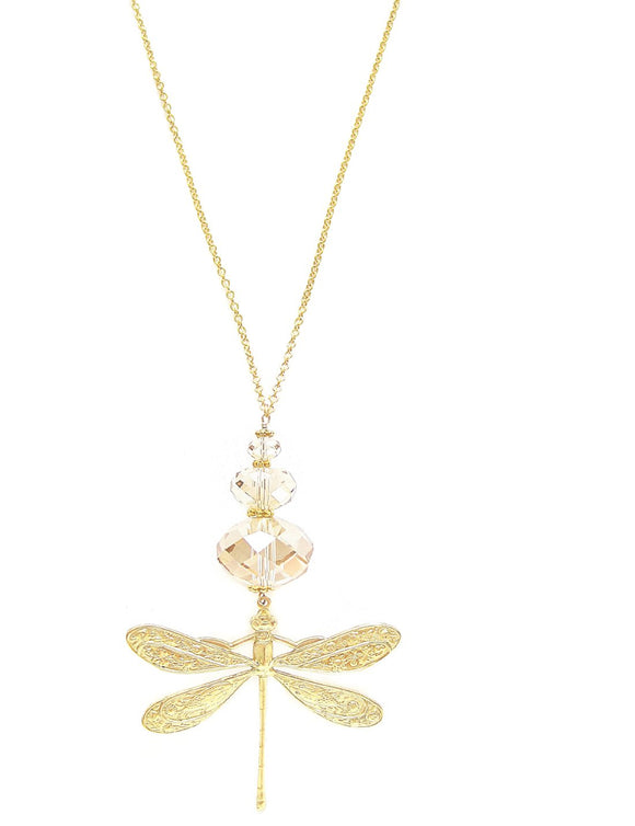 Long dragonfly necklace with Golden Shadow Austrian crystals
