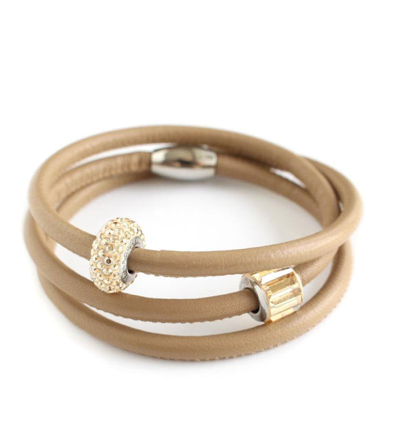 Beige triple wrap leather bracelet with Austrian crystals - Dige Designs