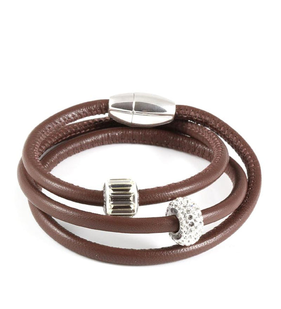 Brown triple wrap leather bracelet with Austrian pavé crystals