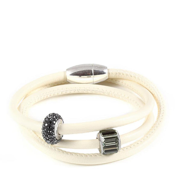 Cream triple wrap leather bracelet with Austrian pavé crystals