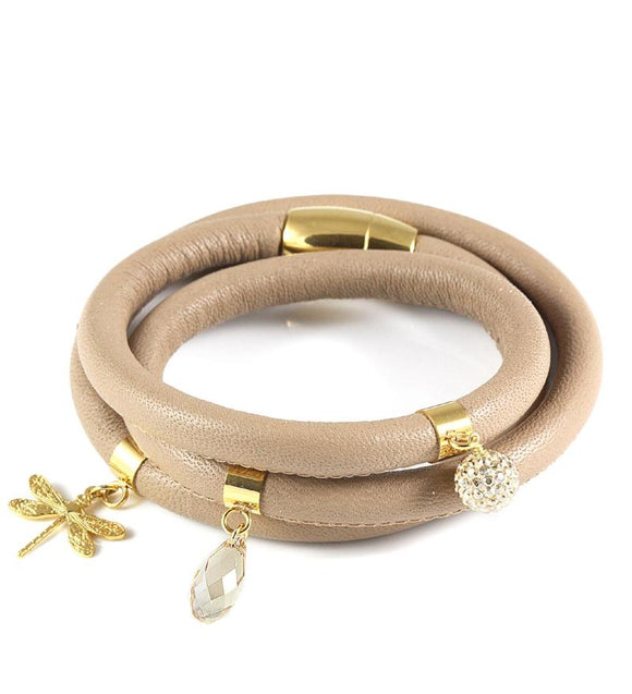 Beige triple wrap leather bracelet with dragonfly and Austrian crystals - Dige Designs
