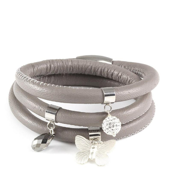 Grey triple wrap leather bracelet with butterfly and  Austrian crystal charms