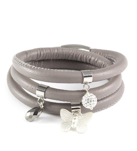 Grey triple wrap leather bracelet with butterfly and Austrian crystal charms