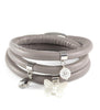 Grey triple wrap leather bracelet with butterfly and Austrian crystal charms