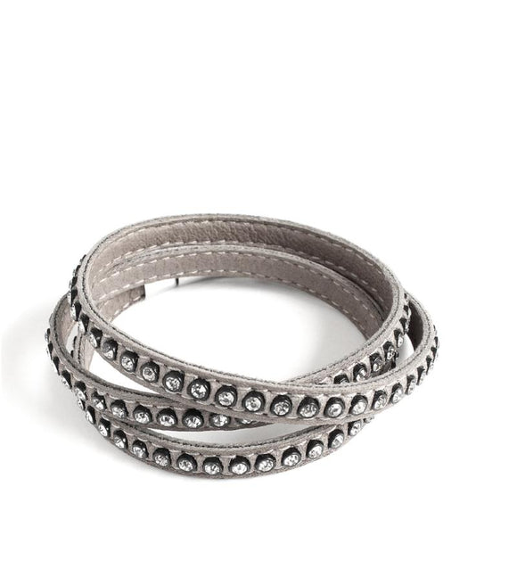 Grey triple wrap leather bracelet with clear Austrian crystals