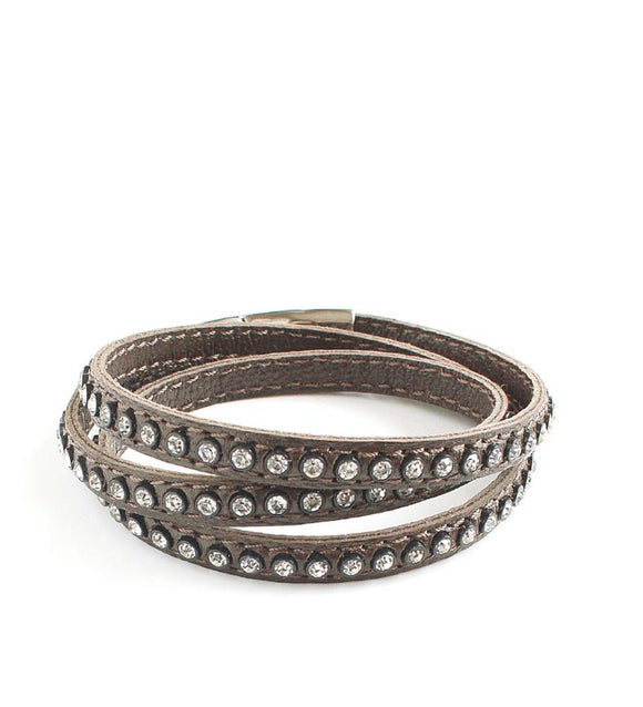 Taupe triple wrap leather bracelet with Austrian crystals