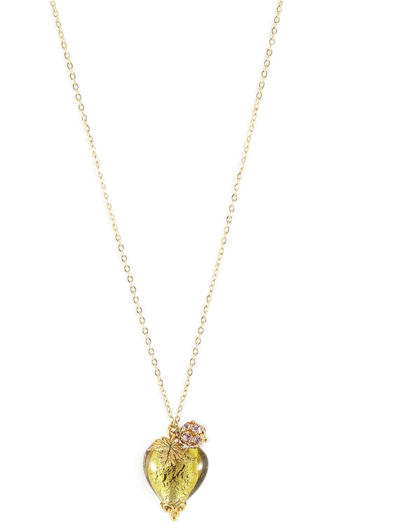 Long gold necklace with Olive Murano heart and Austrian crystal ball
