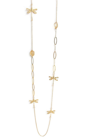 Long necklace with gold dragonflies and Golden Shadow Austrian crystals