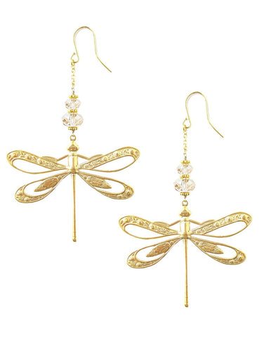 Gold dragonfly earrings with golden shadow Austrian crystals