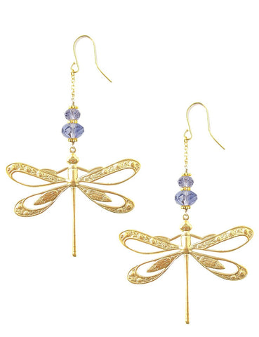 Gold dragonfly earrings with Tanzanite Austrian crystals