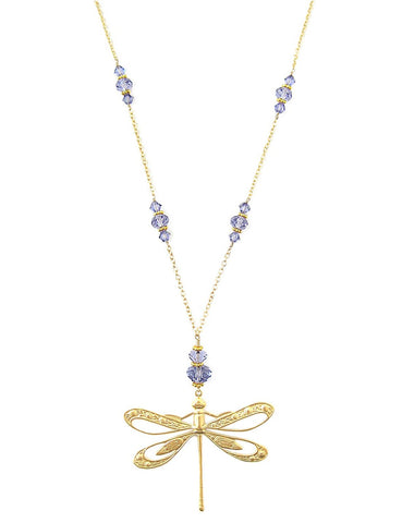 Long gold dragonfly necklace with Tanzanite Austrian crystals