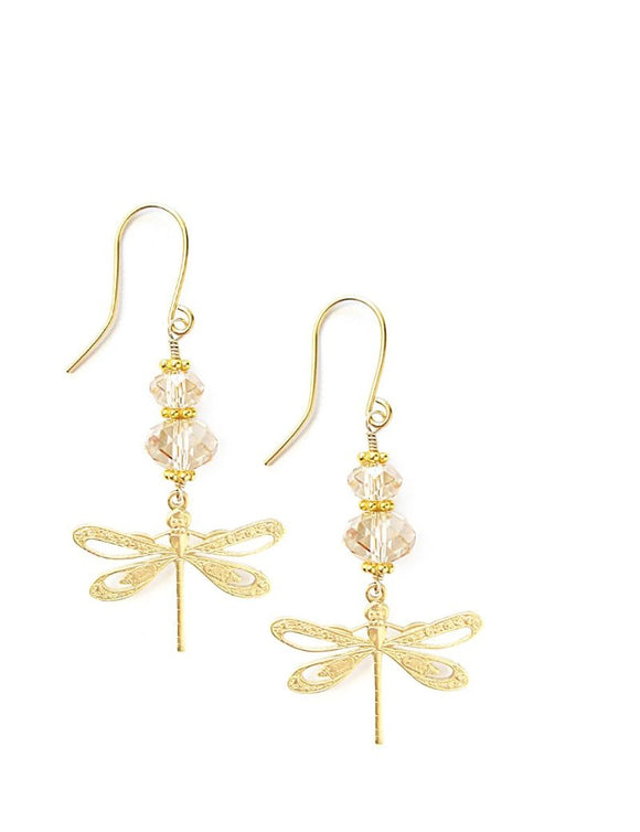 Gold dragonfly earrings with Austrian Golden Shadow crystals