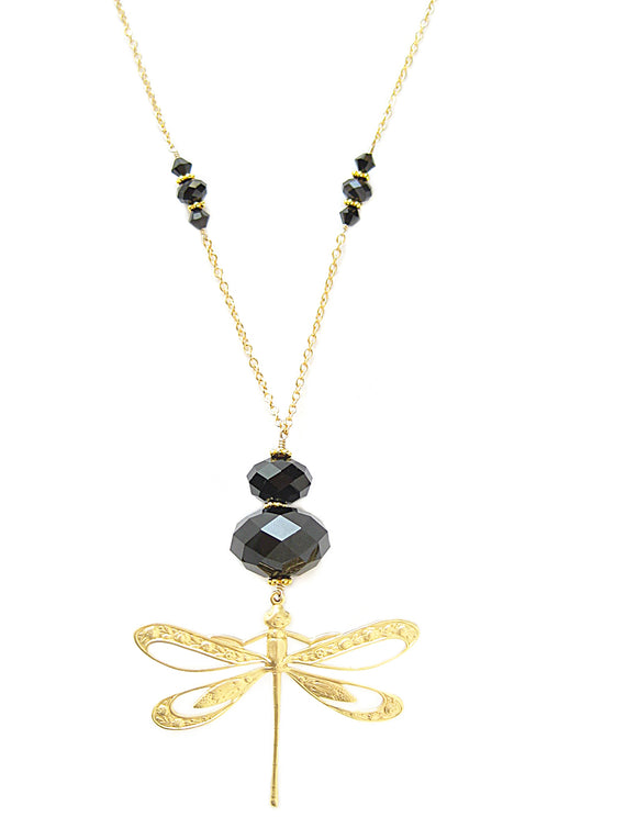 Long gold dragonfly necklace with black Swarovski crystals 