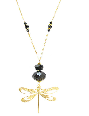 Long gold dragonfly necklace with black Swarovski crystals