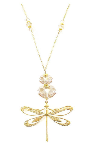 Long gold dragonfly necklace with Golden Shadow Austrian crystals