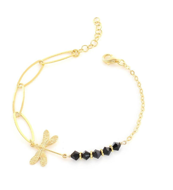 Gold dragonfly bracelet with black Austrian crystals