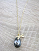 Long 18K gold plated necklace handmade with a dragonfly and Black Silver Night Swarovski crystal drop