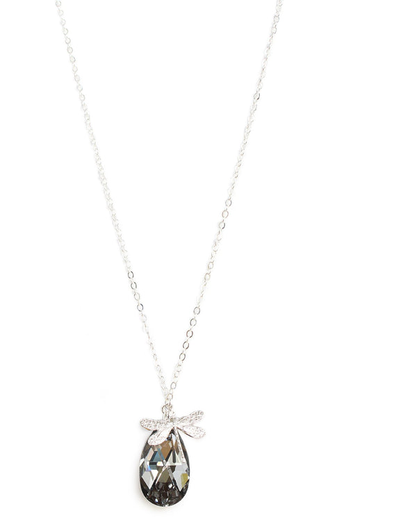 Long silver dragonfly necklace with Black Diamond Austrian drop 