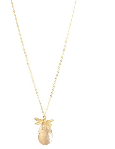 Long gold necklace with a dragonfly and Golden Shadow Austrian crystal drop