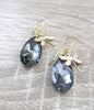 Gold dragonfly earrings with black diamond Austrian crystal drops