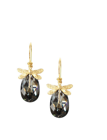 Gold dragonfly earrings with black diamond Austrian crystal drops